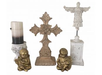 Decorative Lot Of Two Cherubs Angel, Pillar Candle Holder & Cross