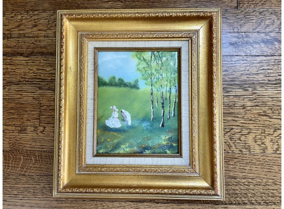 Jean Lucey Signed Enamel On Copper Impressionist Painting Of Girl With Parasol