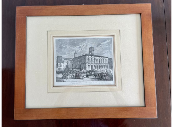Framed Engraving 'Marketplace With The Fountain Of Neptune, Bologna'