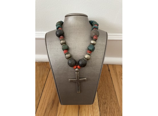 Handmade Necklace With Coral & Lava Beads From Central America