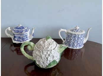 Three Porcelain Teapots Including Blue Willow Style Woods Burslem Seaforth (England) Lidded Teapot