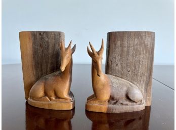 Pair Of Antelope Form Carved Wood Bookends