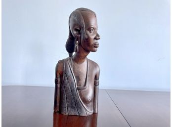 Carved Wooden Female Bust From Africa, Signed