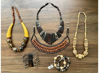 Assortment Of Wood Beaded Necklaces & Bracelets, Most From South Africa