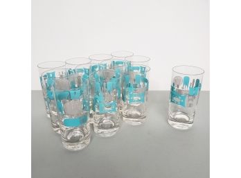 (Set Of 12) 60s  Like New 'Blue Heaven' Tall Drinking Glasses