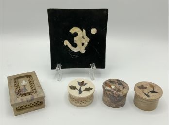4 India Soapstone Trinket Boxes & India Soapstone Incense Plate