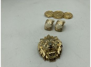 Gold Lion Pendant, Coin Pin And Enamel Earrings