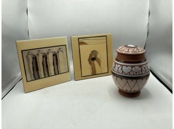 Beautiful Handmade Terra Cotta Lidded Jar And Two Handmade Tiled By Amado Pena
