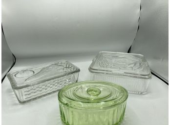 Two Vintage Refrigerator Boxes And Green Lidded Depression Glass Bowl