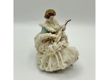 Beautiful Irish Dresden Lace Figurine ~ Lady Playing Mandolin ~ #7567