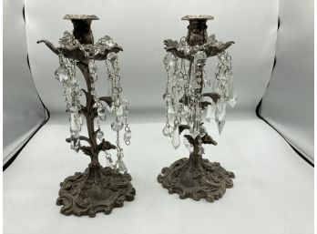 Two Ornate Heavy Metal Candle Sticks With Crytals