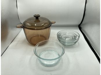 Vision Amber Cookware From France, Royalex Mixing Bowls, And Pyrex Bowl