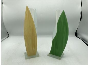 Pr. Green & Yellow Satin Glass Vases  - Handmade In Canada