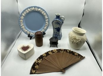 Footed Antique  Box , Blue Wedgwood Plate And More