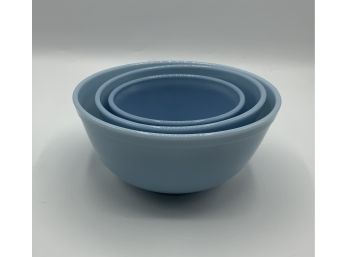 3 Vintage Pyrex Mixing Bowls ~ Blue Delphite ~ 401,402 & 403 MINT
