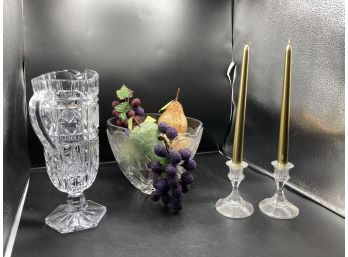 Frosted Glass Elephant Bowl, Leaded Crystal Pedestal Pitcher, And Pair Of Candlesticks