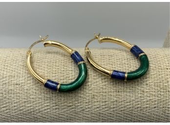 14 K Gold Hoops W/blue & Green Enamel