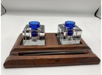Blue Glass Inkwell Desk Set
