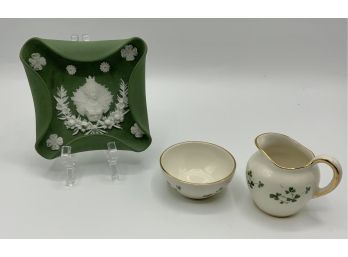 Antique Green Jasperware Mary Queen Of Scotts Pin Dish & Carrigaline Pottery Creamer & Open Sugar