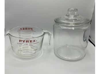Vintage Pyrex Measuring Cup & Vintage Glass Covered Canister