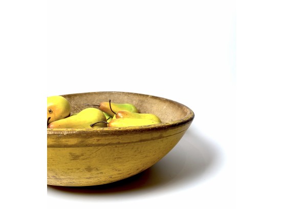 Primitive - Antique Hand Turned Patinated Yellow Paint Bowl With Decorative Pears