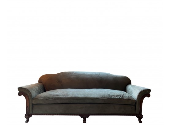 Victorian - Green Velour Camelback Sofa With Hand Carved Mahogany Arms And Legs