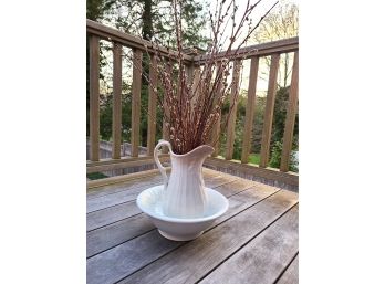 White Ceramic Water Pitcher And Basin With Pussy Willow