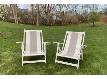 Pair - Solid Wood Reclining Beach Chairs With Cupholders Sunbrella Fabric Seat And Back - By Nautical Needles