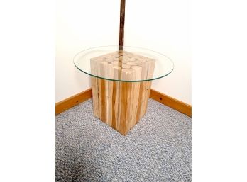 Glass Top Wooden Log Square Base Side Table