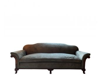 Victorian - Green Velour Camelback Sofa With Hand Carved Mahogany Arms And Legs