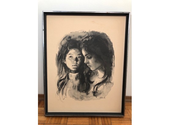 Vintage 70's 'The Sisters' Black & White Watercolor Print In Wood Frame  29'H X 23'W