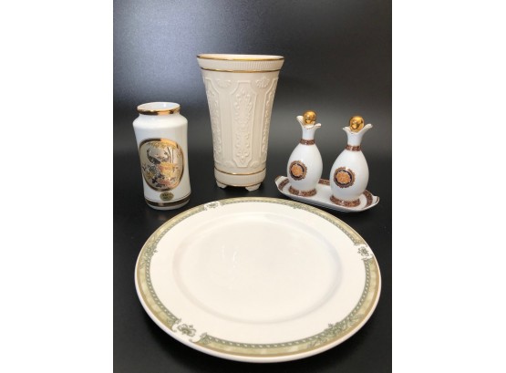 Japanese Chokin Art Vase, Lenox Vase, Royal Doulton Plate, Limoges Oil & Vinegar On Tray Assortment