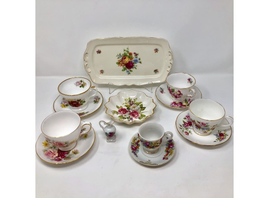 Roses Galore! Small Tray, 4 Cups/Saucers, 1 Demi Tasse Cup/Saucer, Small Scalloped Edge Bowl, Plus