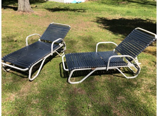 2 Loungers,  White Metal Frame With Blue Straps -Brown Jordon Style - Adjustable Back