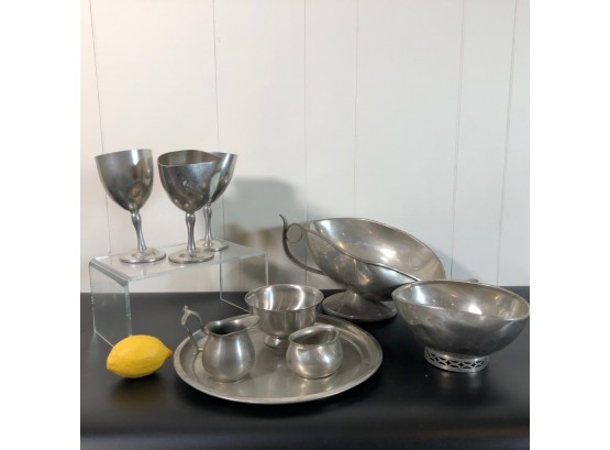 Pewter Potluck! 9PC Lot Bent And Worn - Tray, Goblets And More