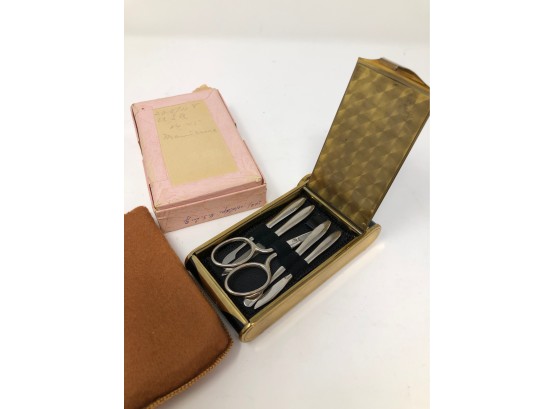 Vintage Manicure And Compact Set In Brass Tone Etched Box