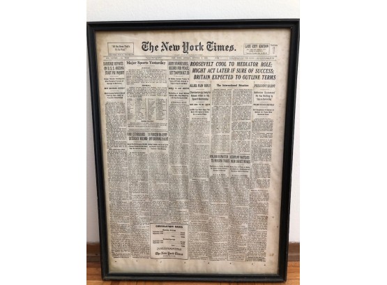 Framed New York Times Newspaper From Oct. 8 1939 In Wooden Frame  25.5'H X 18.5L
