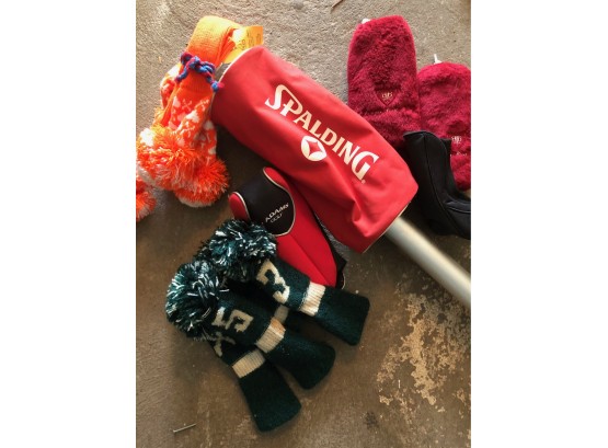 Assorted Golf Club Covers, Mostly Knit And Spaulding Golf Ball Shagger