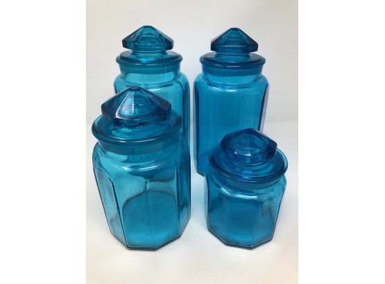 Vintage Blue Glass Canister Set - FUN!  11.5', 11', 9.5', 7'