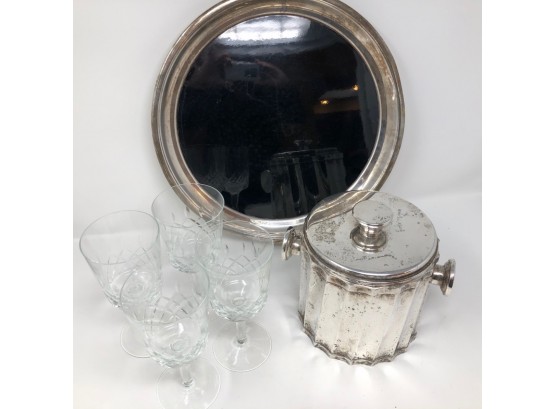 Set Up Your Bar! Amazing Vintage Silver-plate Ice Bucket, Formica Tray, 4 Crystal Glasses