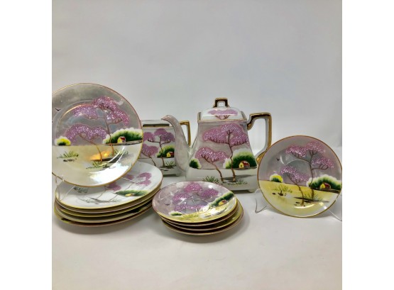 Vintage Asian Themed Tea Set With Small Plates, Sugar Bowl & Saucers - Looks Hand Painted