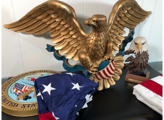 God Bless America 5pc Lot - Flags, Eagle Wood Hanging, Signed Figurine, Sign