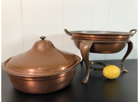 VIntage Copper Chafing Dish With Two Inner  Dishes, Lid, Stand  - 10.5'D X 6'H