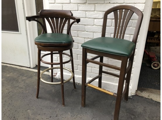 Tall Barstool Duo - Green Faux Leather, Metal And Wood - 31'H Seat  - Alike But Different