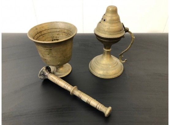Brass Lot - Mortar And Pestel And Incense Burner 2PC Lot