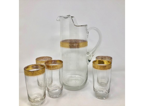 Art Deco Vibe - Quality Gold Banded Pitcher And 5 Glasses