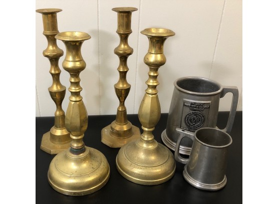 Brass Candlestick  Holders And Two Pewter Tankards - 6 Pc Lot