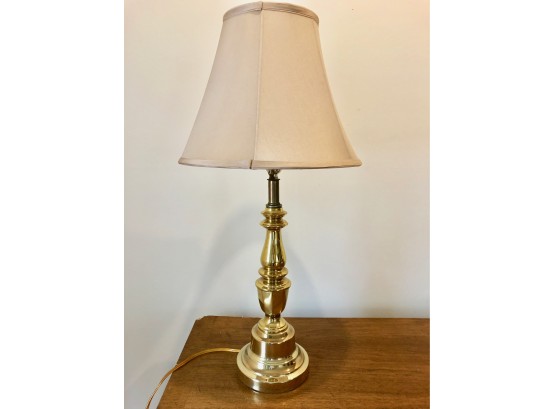 27' Brass Table Lamp With Pale Gold Silk Shade
