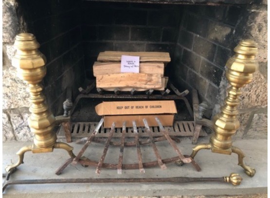 Fireplace Set - Heavy Brass Andirons, Small Iron Rack, Vintage Fireplace Fork, 2 Chimney Fire Extinguishers