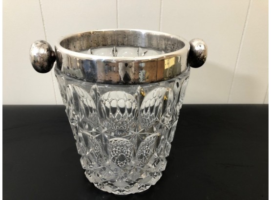 Vintage Crystal Ice Bucket With Silver-plate Rim And Trim